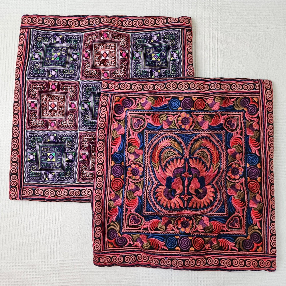 2pc Boho Embroidered Throw Pillow Shams Square Black Multicolor